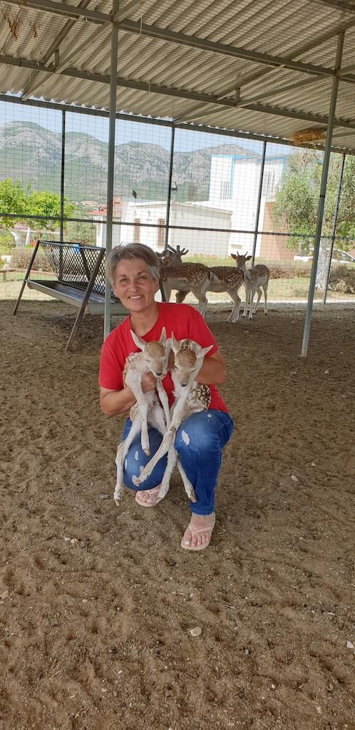 a woman holds 2 baby deer and smiling at the camera at Perivolaki farm